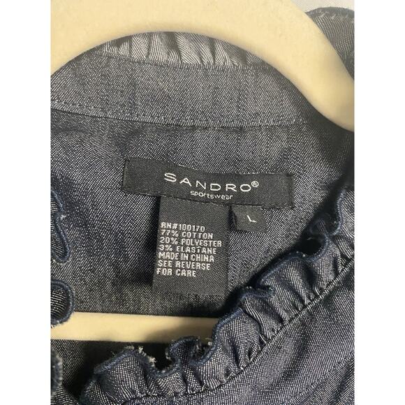 New Sandro Denim Military Style Button Up Ruffle Peplum Jacket Size Large - Picture 3 of 4